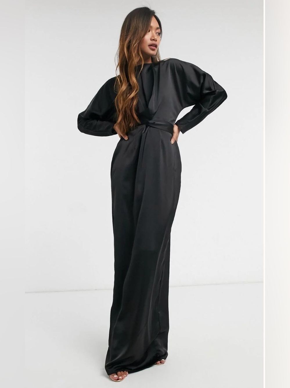 ASOS Black Satin Wrap Waist Maxi Dress with Batwing Sleeve